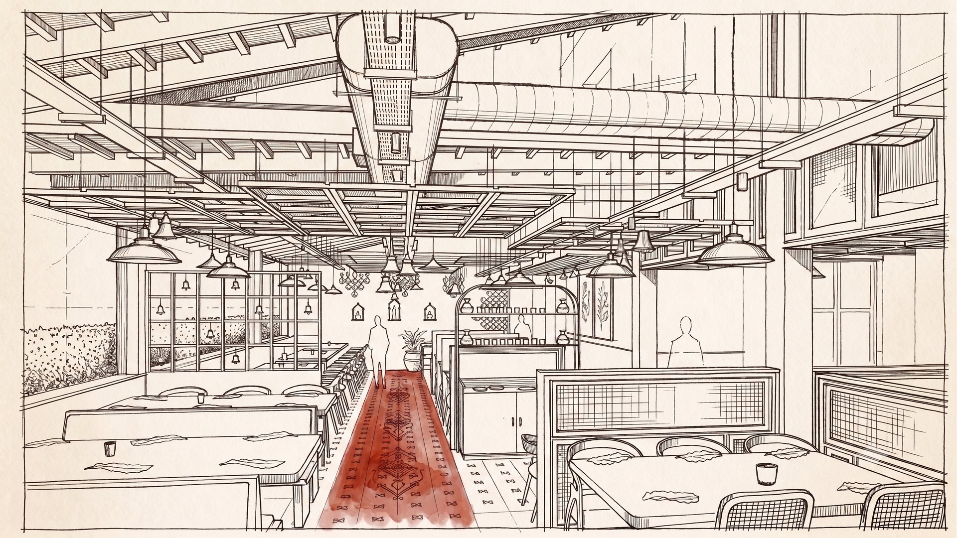 Concept sketch of a South Indian mess hall with a red tiled runway