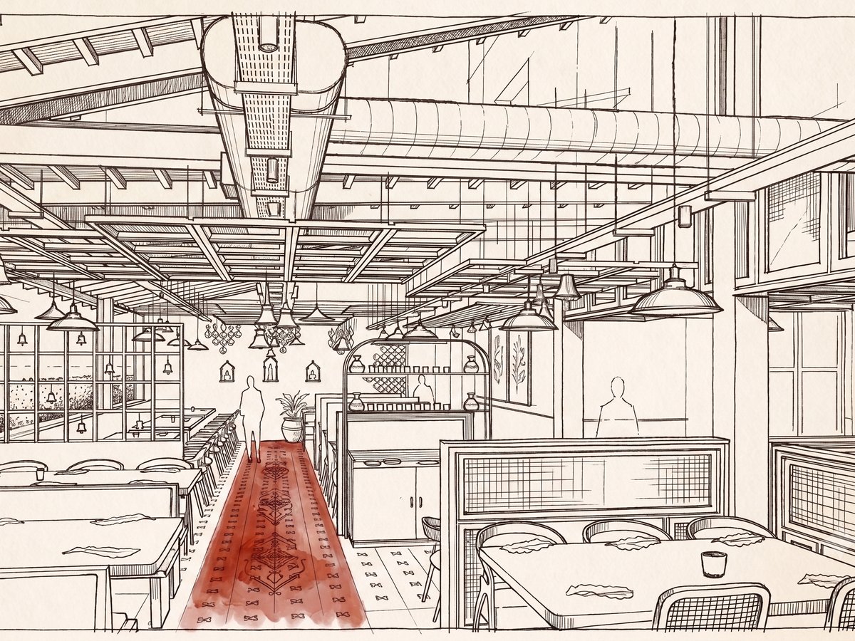 Concept sketch of a South Indian mess hall