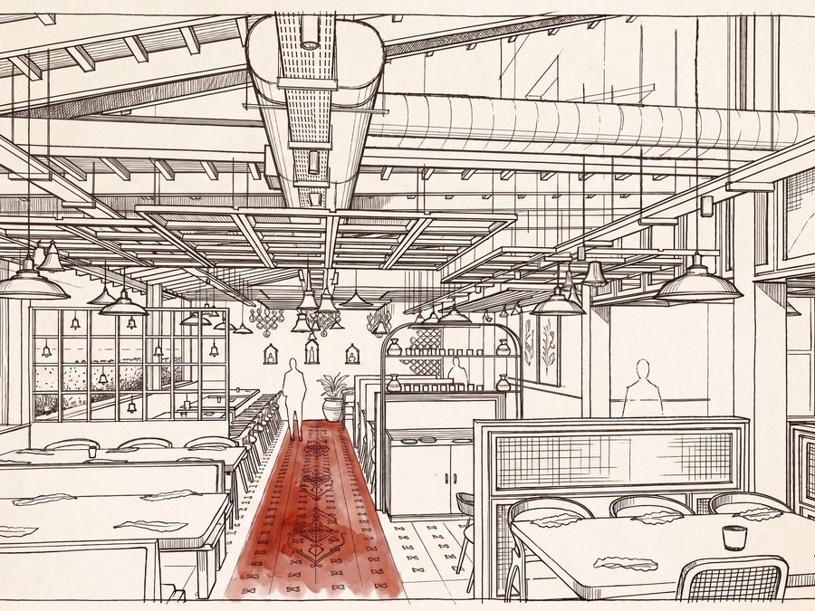Concept sketch — the hall as drawn before it was built