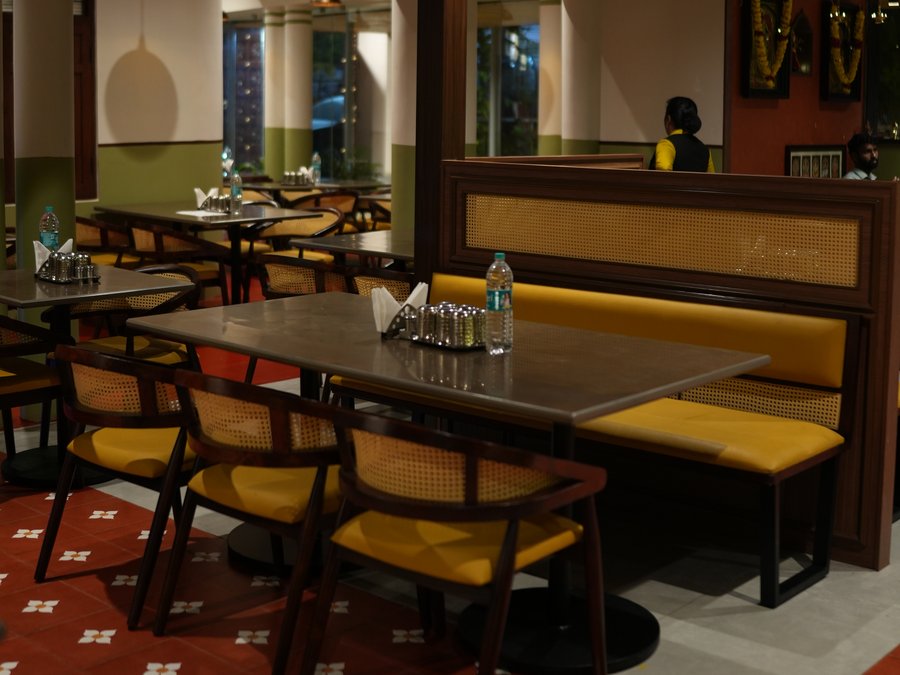 Booths under the timber coffered ceiling