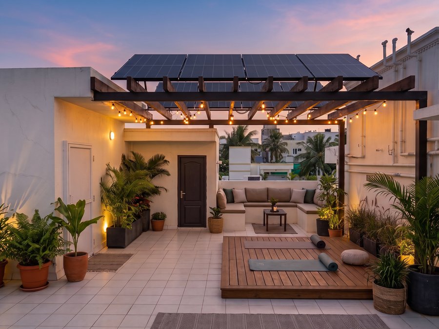 The rooftop, with a solar pergola and yoga deck (visualisation)