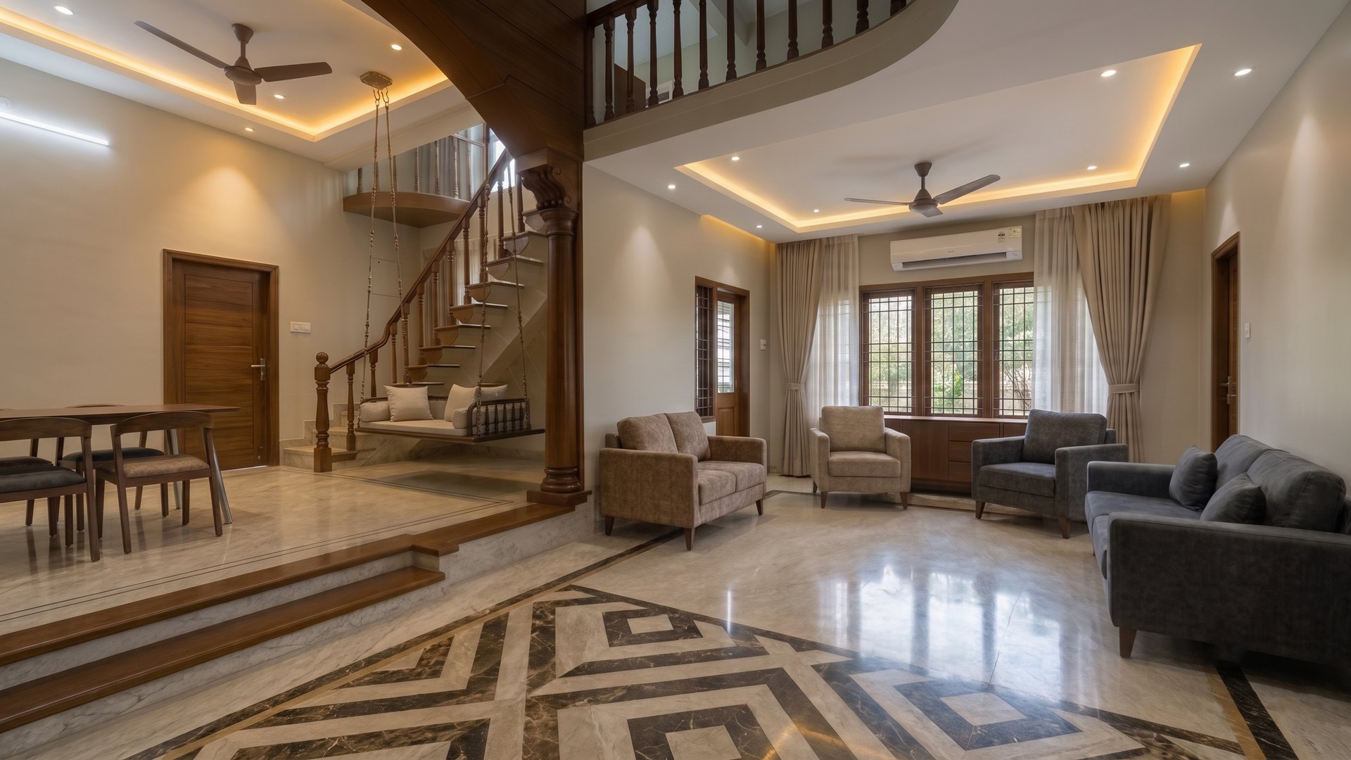 Mogappair Residence — the living space with the oonjal under the stair (visualisation)