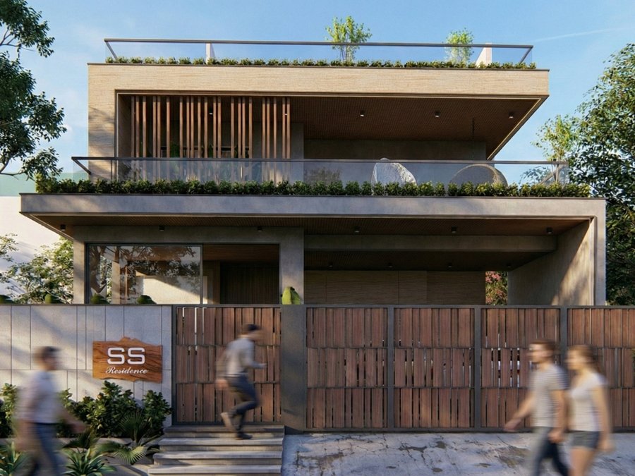 Thirunerur Residence — the street elevation, timber screen and planted terraces